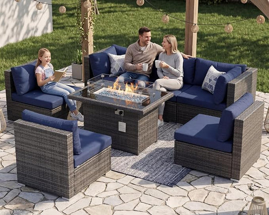 RADIATA 7 Piece Wicker Patio Furniture Set with Fire Pit, All-Weather Outdoor Sectional Couch High Back Large Size, Modular Backyard Seating Sofa Set with Propane/Natural Gas Firepit Table, Grey&Blue