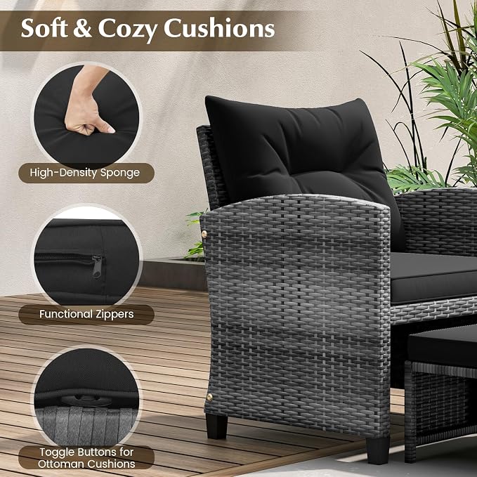 HAPPYGRILL 5-Piece Outdoor PE Rattan Conversation Set, Wicker Patio Furniture Set with Cushion, Ottoman & Coffee Table for Backyard Garden Poolside Lawn Deck Porch (Mix Grey & Black)