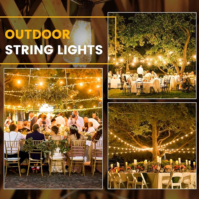 Zuske 25ft Outdoor String Lights, LED Patio Hanging With 12 Shatterproof Bulbs, Waterproof ETL Listed Bistro for Backyard Garden Cafe