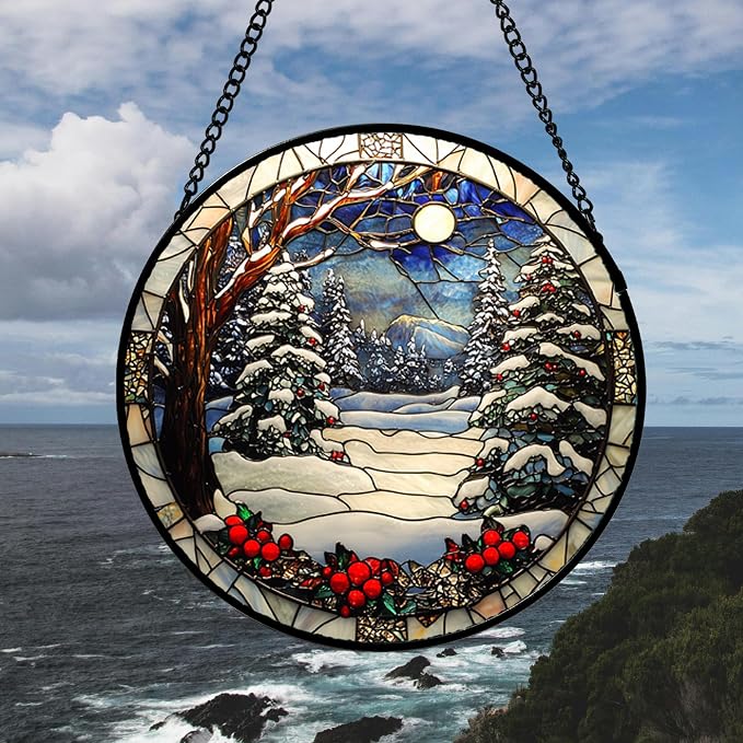 DASTOLL Stained Glass Window Hanging Christmas Tree Winter Snow Night Scenery Large 14.9" - Suncatcher Door Garden Kitchen Sun Catcher Home Decor Birthday for Mom Men Woman Friend