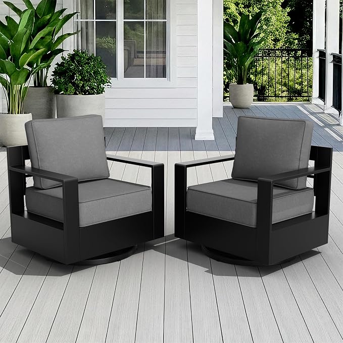 Aluminum Outdoor Swivel Rocker Patio Chairs Set of 2, All-Weather Metal Outdoor Chair with 6 Inch Thick Cushions, Deep Setting for Garden, Outside and Porch, Grey
