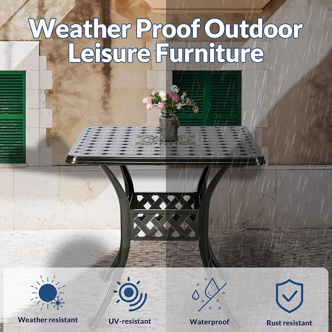 30.5" Inch Outdoor Dining Table Square Patio Bistro Table Bronze Cast Aluminum Rustic Large Table with Umbrella Hole