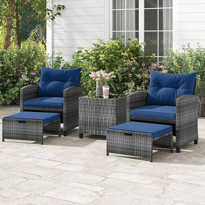 ORALNER 5 Pieces Patio Furniture Set with Ottoman, Wicker Conversation Set w/Cushions, Glass Coffee Table, Outdoor Lounger Rattan Chairs Bistro Set for Porch Balcony Garden Deck Poolside (Navy)
