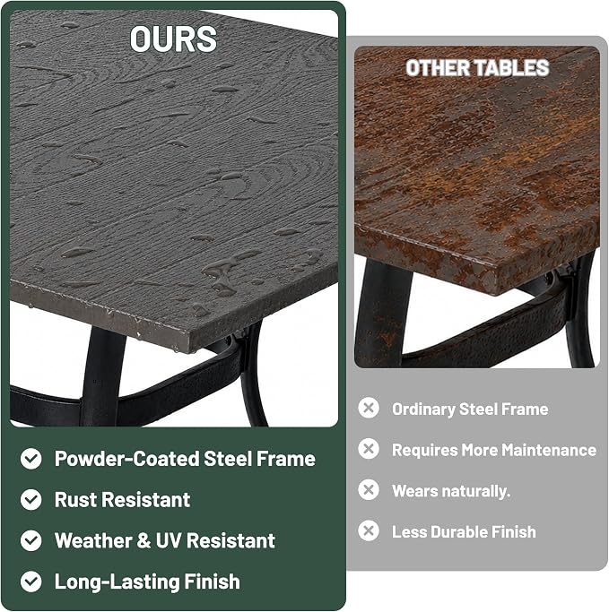Anmutig Outdoor Rectangle Dining Table 6-Person with 1.57" Umbrella Hole Metal Steel Backyard Bistro Table for Garden, Poolside, Backyard, Brown Top