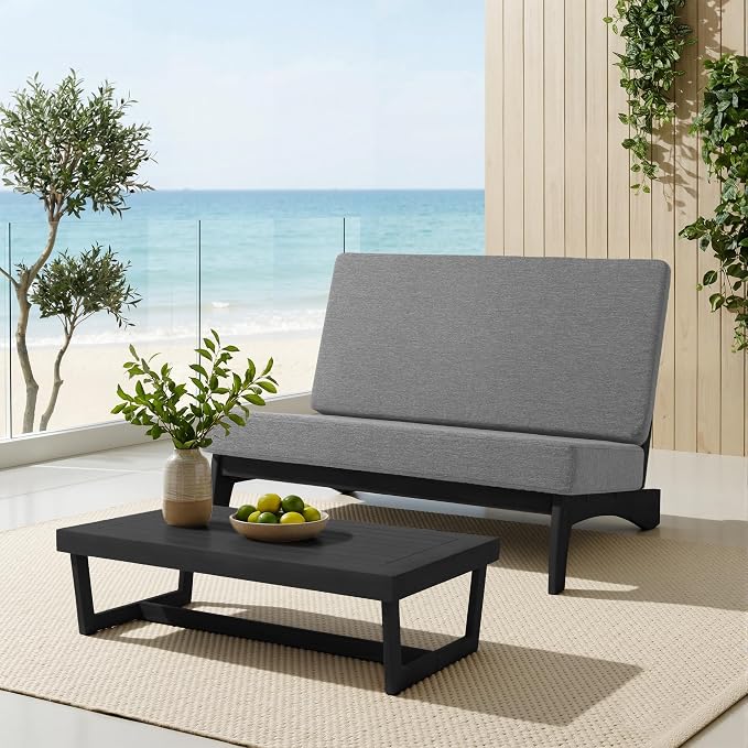 Outdoor Furniture Patio Couch, Weather Resistant Patio Loveseat Sofa Couch with Removable Cushion, Black Wood Frame for Porch & Backyard Seating - Grey