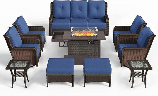 Sundale Outdoor Wicker Patio Furniture Set with Fire Pit, 10 Piece Outdoor Furniture Set with Swivel Chairs, Couch & Ottoman, High Back Patio Conversation Sets with 6" Cushions for Yard, Deck (Blue)