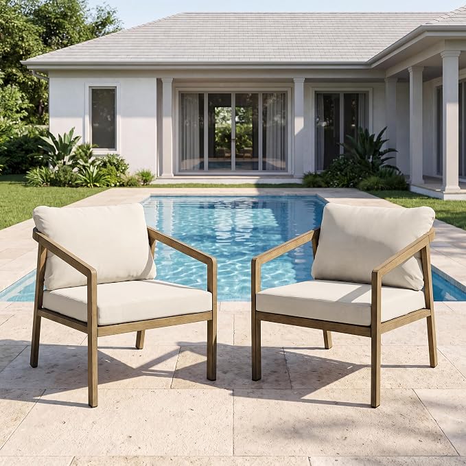 Patio Sofa Chairs Set of 2, Never-Rust Aluminum Outdoor Club Chairs with Washable Thick Cushions, All-Weather Modern Armchair Set for Porch, Deck, Garden, Backyard (Brown+Beige)