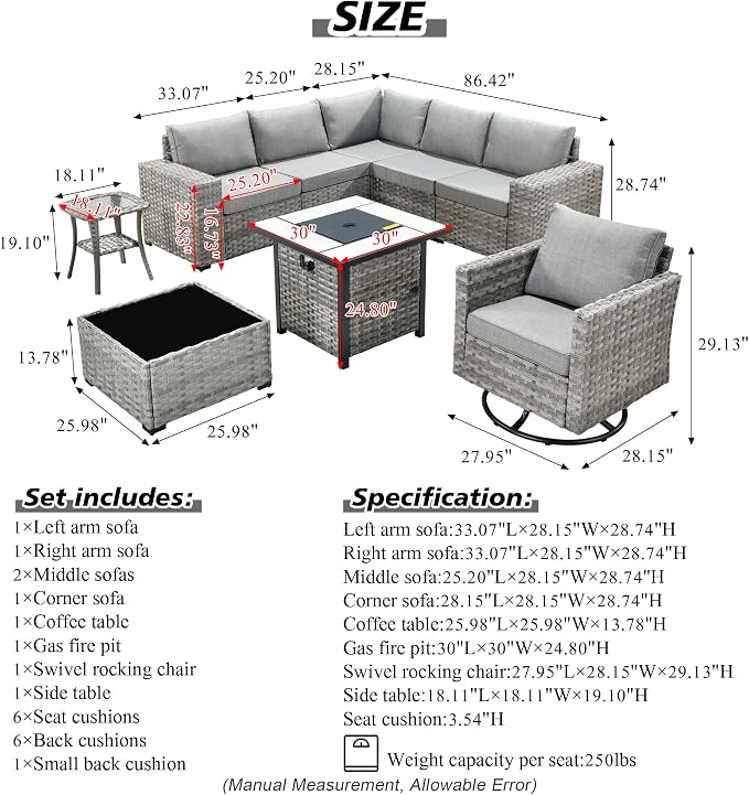 HOOOWOOO 9 Piece Modular Patio Outdoor Sectional Furniture Set with Gas Propane Fire Pit Table,Wicker Conversation Sofa Set with Swivel Chairs,Outside Couch Set(Dark Grey)