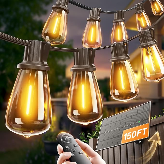 addlon 150FT(144+6) Solar String Lights Outdoor with Remote, Long-Lasting | Waterproof Patio Lights, Dimmable & Timable Hanging Solar Light with 45 LED Bulbs for Outside, Yard, Garden, Camping, Gazebo