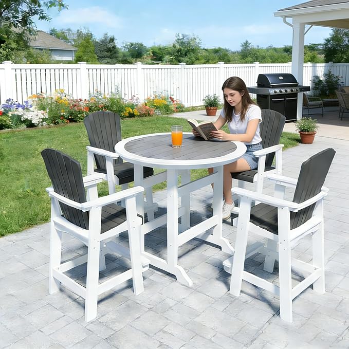 JUSTONE 5 Pcs Outdoor Patio Bar Stools Set, 4 Bar Stools and Table with Umbrella Hole, All-Weather Patio Bistro Set,Outdoor Bistro Set for Lawn Garden, Balcony,HDPE Material (5-Pcs, Grey and White)