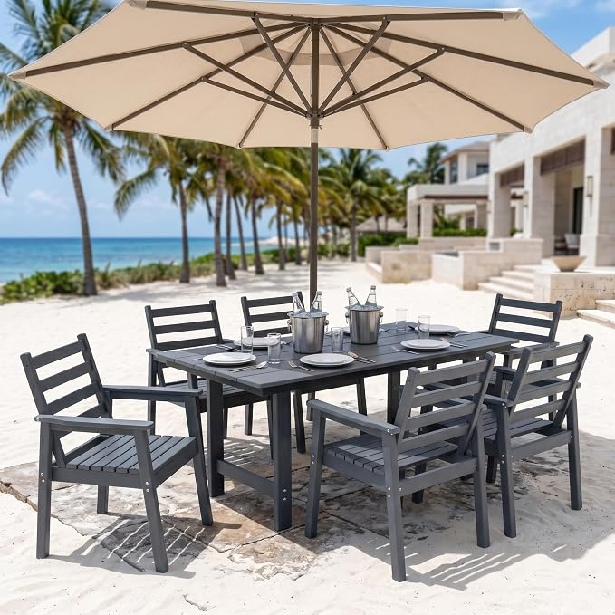 7-Piece Outdoor Dining Set, All-Weather HDPE Patio Furniture, 66.5" Slatted Table with 1.6" Umbrella Hole & 6 Ergonomic Armchairs, Heavy Duty 350lbs Capacity, UV Resistant, Gray