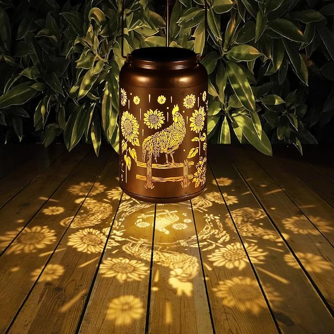 Rooster Solar Lanterns Outdoor Waterproof Garden Decor Gifts for Women | Metal Hanging Solar Lights Birthday Gifts for Grandma Mom Solar Decoration Outside for Yard, Patio, Backyard, Porch