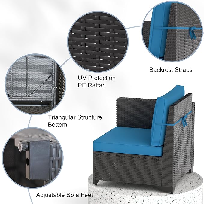 7PCS Patio Furniture Set, Outdoor Furniture All Weather Balcony Furniture with Thick Anti-Slip Cushions & Glass Table PE Rattan Patio Conversation Set for Backyard Garden (Peacock-Blue/XB, 7PCS)