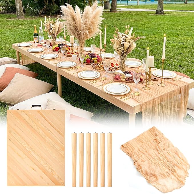 Novabright 12 Person 80 x 30 Inches Boho Table Low Folding Picnic Table Beach Portable Low Wood Floor Event Foldable Garden Wedding Party Camping Picnic with Runner Set(Natural Wood)