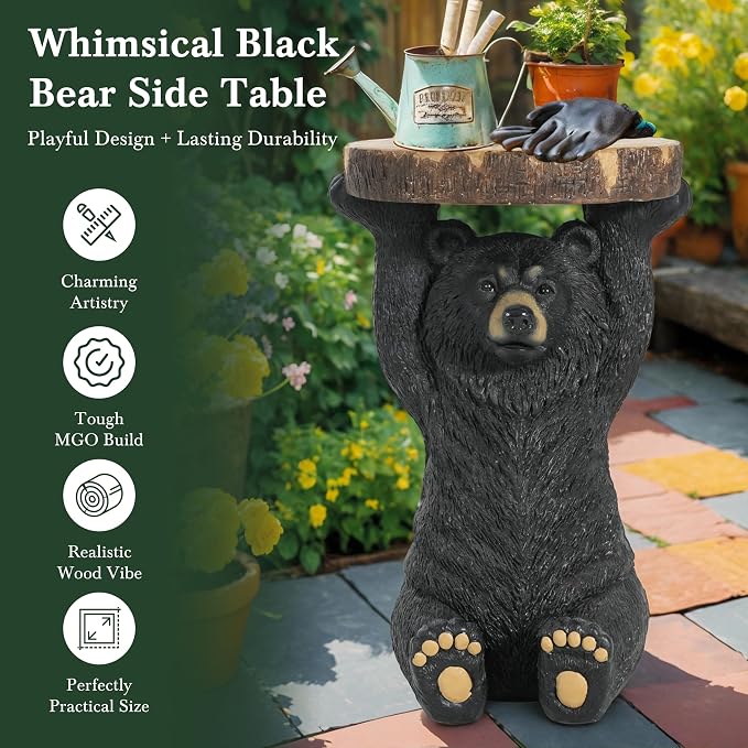 Christopher Knight Home Blitz Bear Outdoor Side Table, MGO Bear Statue with Display Tabletop, Hand Painted Sculpture, Cute Small End Table for Indoor/Outdoor, No Assembly Required, Black + Brown
