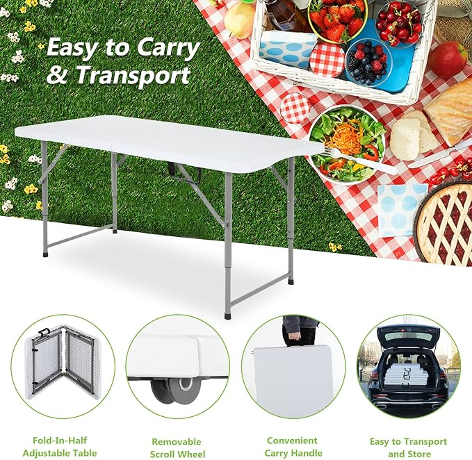 34" Folding Card Table, Heavy Duty HDPE Square Table, Fold-in-Half Portable Design with Carry Handle, Indoor Outdoor Utility Dining Table for Picnic, Camping, 330 lbs (White, 4FT)