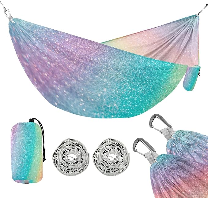 Rainbow Glitter Texture Camping Hammock, Portable Lightweight Single Hammock with Tree Straps and Aluminum Carabiners, 114" x 54" Travel Hammock for Hiking Backpacking Beach