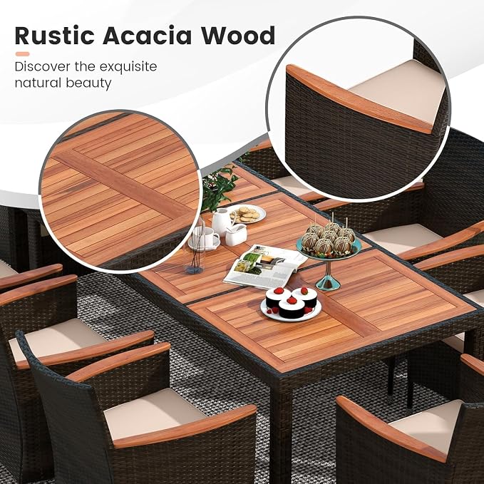 LDAILE Wicker Dining Sets Outdoor Patio, Dining Table Set for 8 Person, Table and Chairs Set with Acacia Wood & Water Resistant Cushions for Backyard Garden, Deuba Brown
