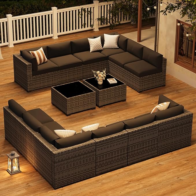 LazySunsets 14-Piece Patio Furniture Set, Wicker Rattan Outdoor Furniture with Thick Cushions, Patio Conversation Sets with Coffee Table, Outdoor Sectional Couch Sofa, Black