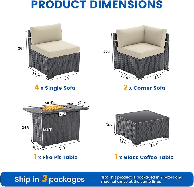 8 Piece Patio Furniture Set with 44” Fire Pit Table All-Weather Wicker Conversation Sectional Sofa & Coffee Table with Thickened Cushions for Backyard, Garden(Khaki)
