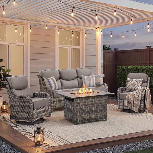 Luxury Patio Furniture Set with Fire Pit Table-4 Pieces High Back Wicker Swivel Rocker Chairs with 6" Extra Thick Cushions, Outdoor Patio Conversation Sets for Porch Deck Garden(Grey/Grey)