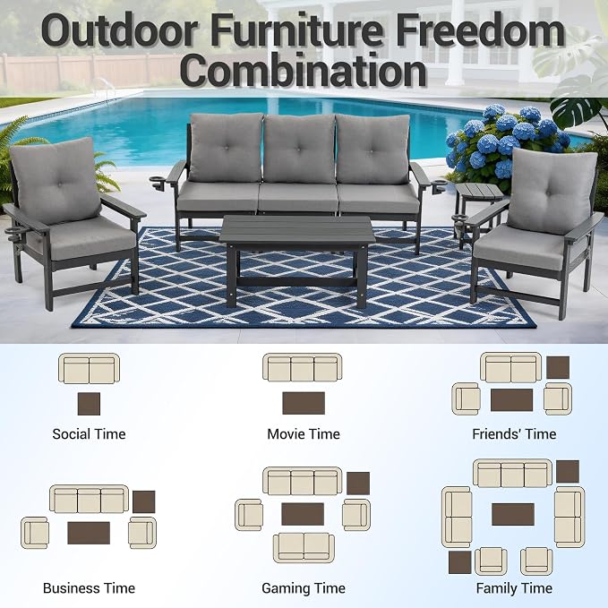 7-Piece HDPE Patio Conversation Set w/ 4 Cup Holders, All-Weather Outdoor Sectional Furniture, Thick Washable Cushions, Coffee Table & Side Table for Backyard Porch Poolside, Grey