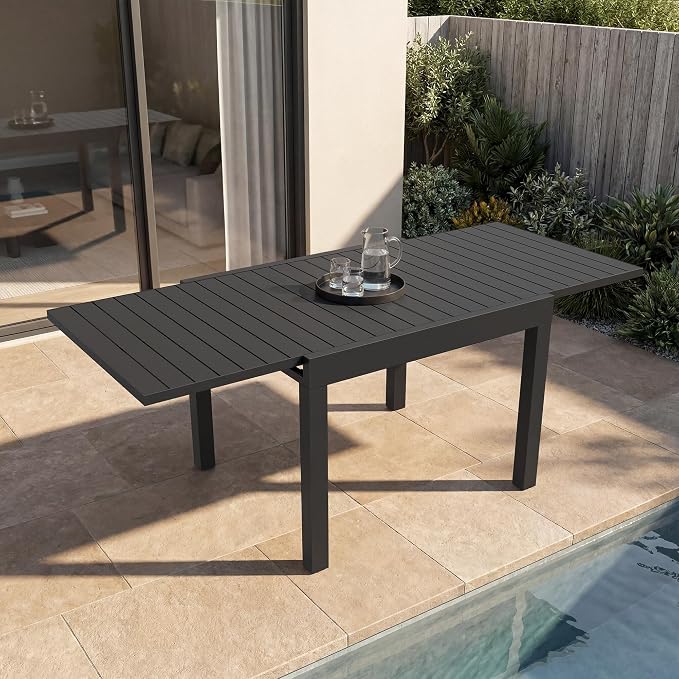Expandable Patio Dining Table for 4-8 Person, Aluminum Extendable Outdoor Table, 38"-77" Adjustable Patio Table, Square/Rectangular Outdoor Accent Table for Garden, Backyard, Poolside, Black