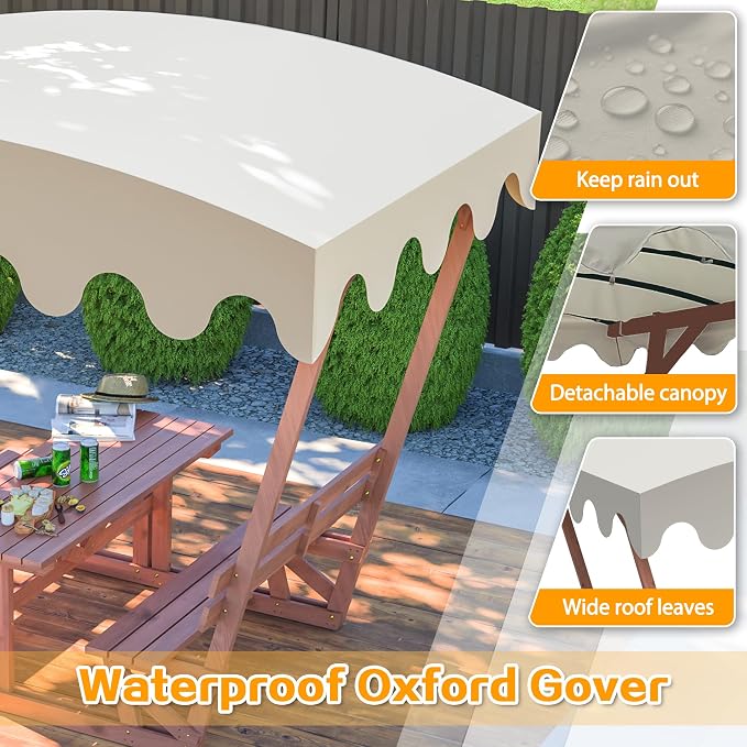 KEIKI Outdoor Waterproof Solid Wood Picnic Table and Bench Set with Removable Canopy, Outdoor Picnic Table Set for Patios, Gardens, Decks, Parks, Beaches