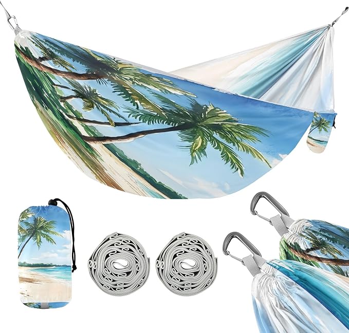 Beach Palm Trees Camping Hammock, Portable Lightweight Single Hammock with Tree Straps and Aluminum Carabiners, 114" x 54" Travel Hammock for Hiking Backpacking Beach