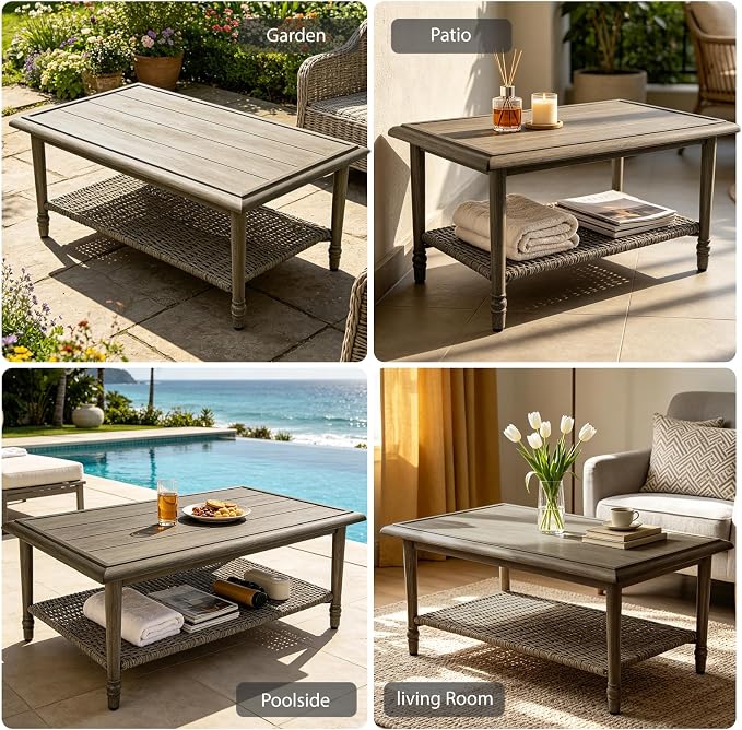 Outdoor Coffee Table, All-Weather Wicker Patio Table, 2-Layer Patio Coffee Table with Storage, Outdoor Side Table for Garden Porch Balcony Poolside