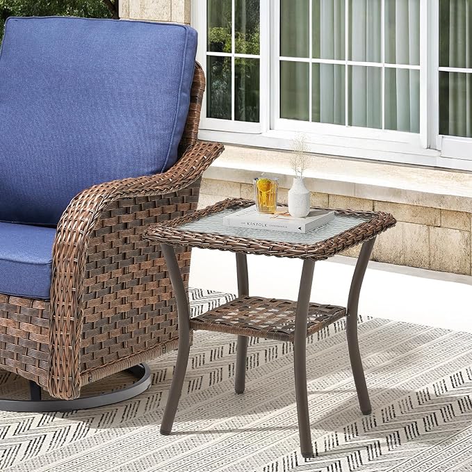 3 PCS Patio Swivel Rocking Chairs Set, Outdoor Wicker Furniture with 4-Inch Thick Olefin Cushions & Side Table, 300 lbs Capacity Swivel Rocker Chairs for Porch, Balcony, Backyard, Blue