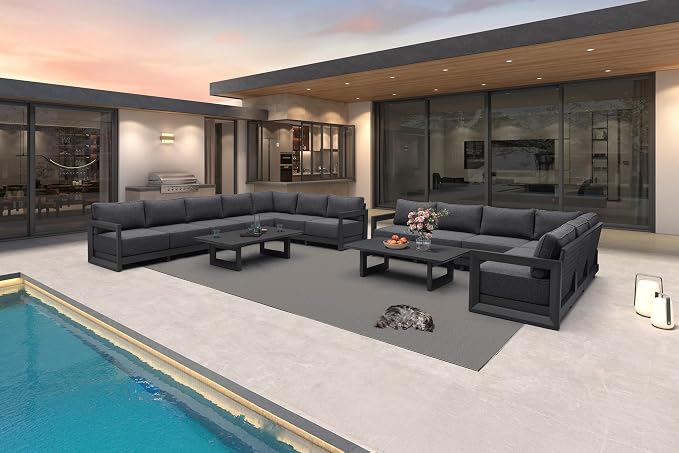 PURPLE LEAF Patio Furniture Set L-Shaped Outdoor Couch with 9.6" Thick Cushion and Soft Pillows 15 Piece Outdoor Sectional Sofas with Table Modern Outdoor Conversation Sets for Yard Porch Deck, Grey