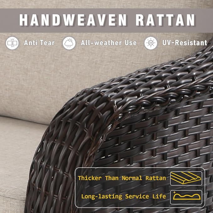 3 Piece Patio Wicker Conversation Set, All-Weather Use Outdoor Wicker Sofa with 2 PE Rattan Ottomans, Ideal for Porch, Backyard, Balcony, Poolside, Beige