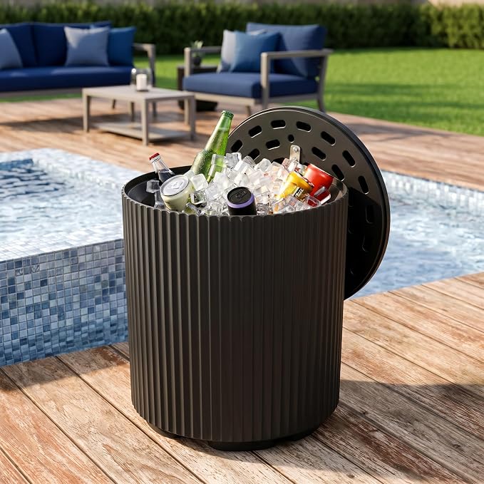 Zapdos 3-in-1 Outdoor Cooler Side Table, Dense Fluted Design, 330lbs Capacity Patio Ice Bucket