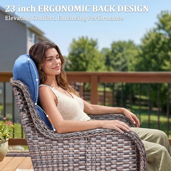 Luxury Swivel Rocker Chair Sofa Set with 6" Thick Cushions,6 Piece Wicker Swivel Rocker Patio Chair with footstools,Outdoor Comfortable High Back Chair Patio Furniture Set - Brown | Blue