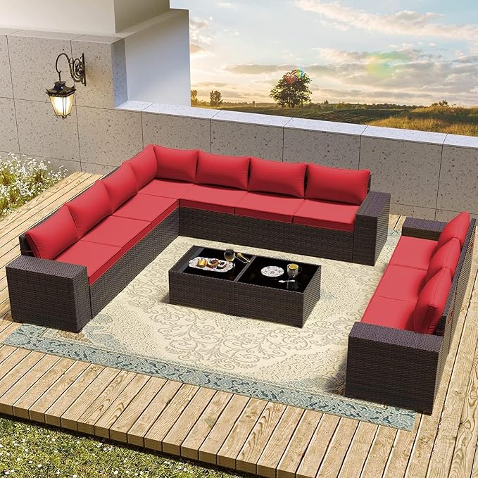 12 PCS Outdoor Patio Furniture Set,Outdoor Sectional Furniture All Weather PE Rattan Wicker Patio Conversation Set with 2 Coffee Tables and 10 Thickened Cushions,Red
