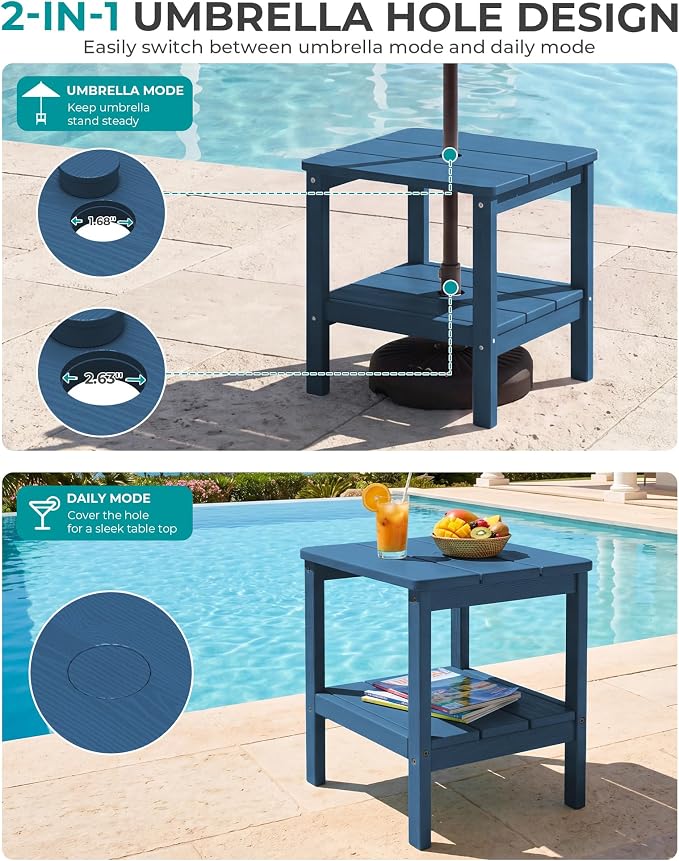 SERWALL 2-Tier HDPE Outdoor Side Table, Weatherproof Rectangular Adirondack Side Table, Blue