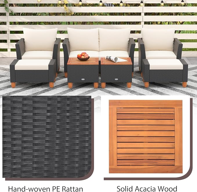Tangkula 7 Pieces Patio Furniture Set, PE Rattan Sectional Sofa Set with Loveseat, Armchairs, Ottomans & Table, Acacia Wood Tabletop, Outdoor Conversation Set for Porch, Garden & Poolside