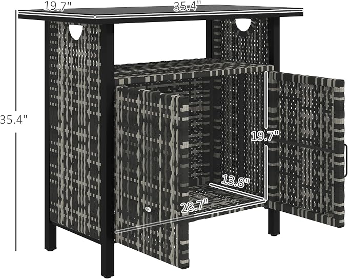 Outsunny Outdoor Pool Towel Storage Cabinet Organizer, Outdoor Bar Table with Shelf and Cabinet, Pool Towel Holder Pool Valet with Weather-Resistant PE Rattan and Steel Frame, Mixed-Gray