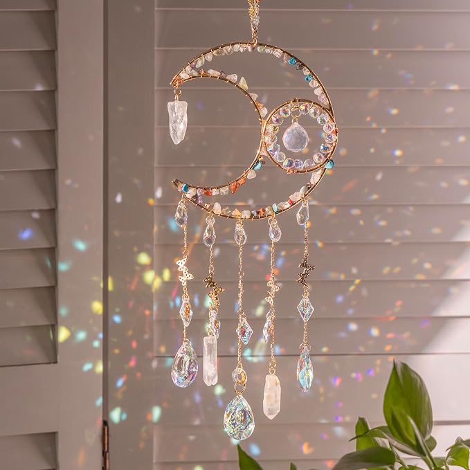 Crystal Suncatcher Window Hanging Decor Rainbow Maker Sun Catchers Indoor | Hand-plated rainbow maker with natural stones, boho hanging decoration for windows, with String & Hook,bedrooms and gifts