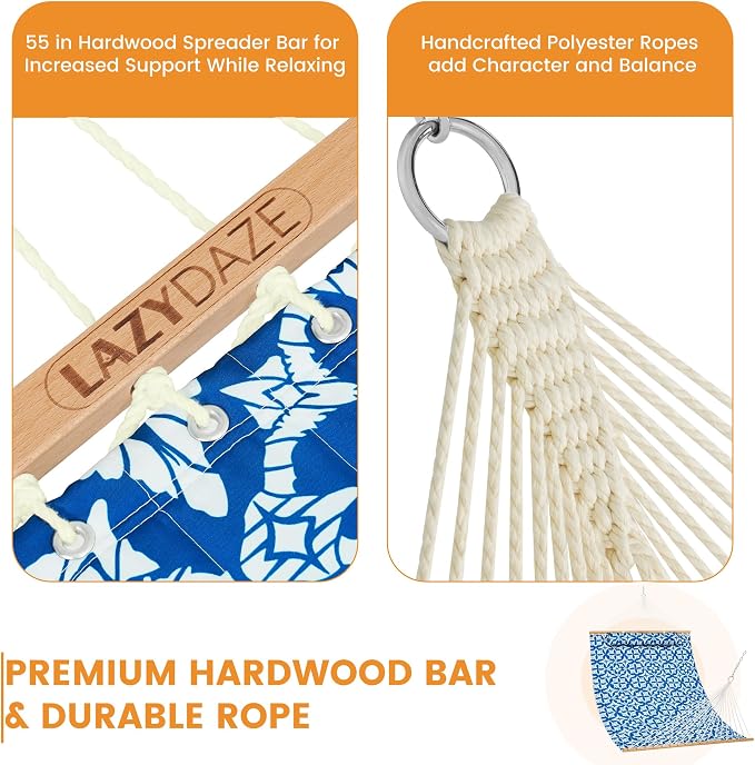 Lazy Daze Hammocks 12FT Quilted Fabric Hammock with Soft Pillow, Double 2 Person Tree Hammock with Spreader Bar for Outside Patio Poolside Backyard Beach, 450lbs Capacity