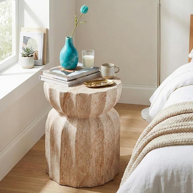 Merax 18.9" H Modern Outdoor Concrete Side Table, Patio End Table with Sculptural Fluted Design, Weather-Resistant Hourglass Shape Accent Table for Garden, Balcony & Poolside, Beige Marble