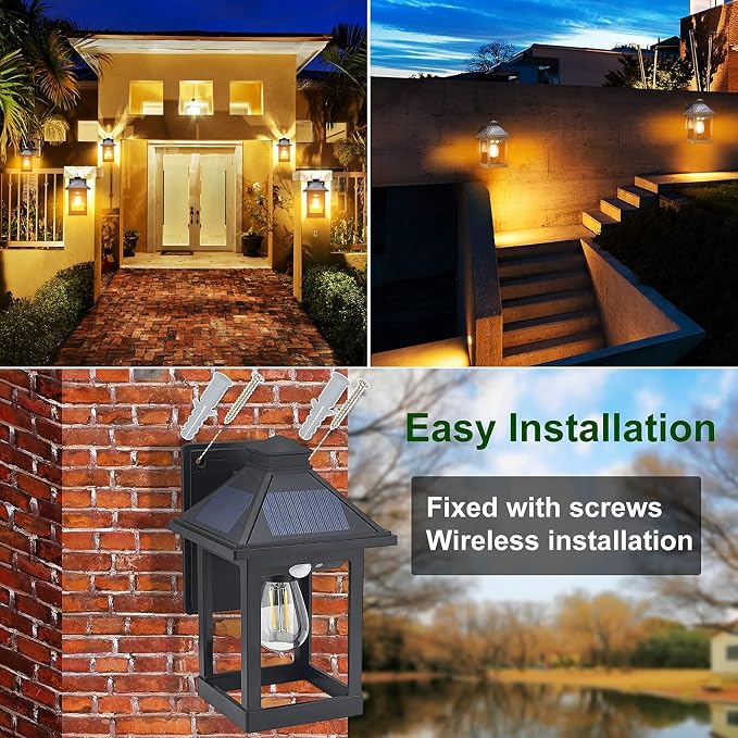 2 Pack Solar Wall Lanterns Outdoor with 3 Modes, Dusk to Dawn Motion Sensor | LED Sconce Lights IP65 Waterproof, Exterior Front Porch Security Lamps Wall Mount Patio Fence Garage Decorative
