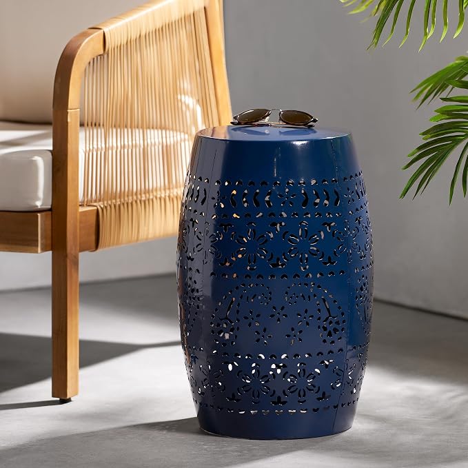 12" Outdoor Side Table, Metal Cutout Drum Side Table, Patio Garden Stool | Coffee End Tables for Small Spaces, Living Room, Backyard, Poolside