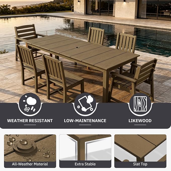 AreShark Outdoor Dining Table,All Weather Rectangular Patio Table for 6,Heavy-Duty HDPE Table with Umbrella Hole and Aluminum Frame,Weatherproof Outdoor Furniture for Backyard, Garden,Brown