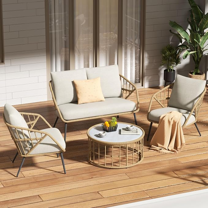 Patio Sofa, PE Rattan Wicker Loveseat, 2 Seater Outdoor Couch with 4.7" Thick Cushions, Outdoor Furniture for Garden Balcony Deck Porch or Backyard, Beige