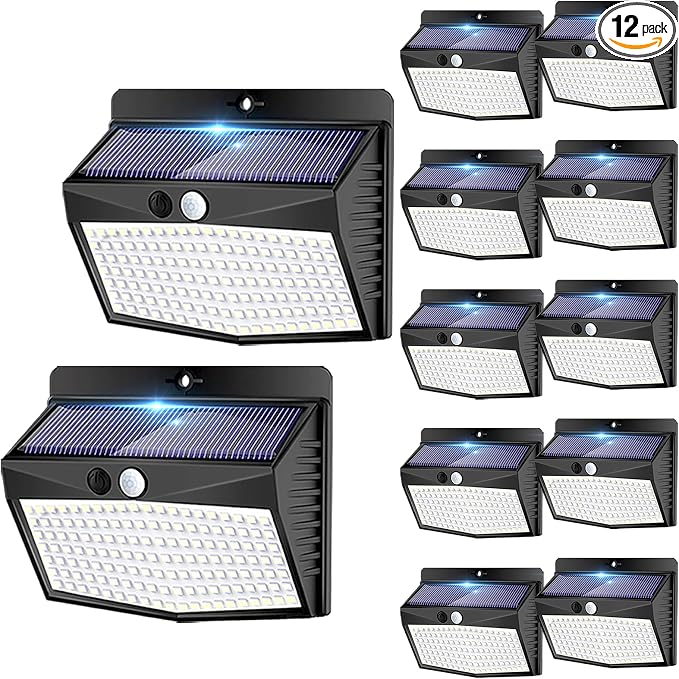 Solar Outdoor Lights, 12 Packs Solar Motion Sensor Security Lights with 3 Lighting Modes Solar Wall Lights Waterproof Solar Powered Lights for Garden Fence Yard | Cool White, Black, Waterproof, LED, Solar Powered, Security, Outside, Wall, Garden, Fence...