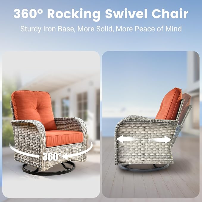 Outdoor Swivel Rocker Patio Chairs,Wicker Glider Swivel Rocking Chair Set of 2,Patio Rocking Swivel Chair Set with Rattan Side Table for Porch Deck Balcony Garden,Orange Red