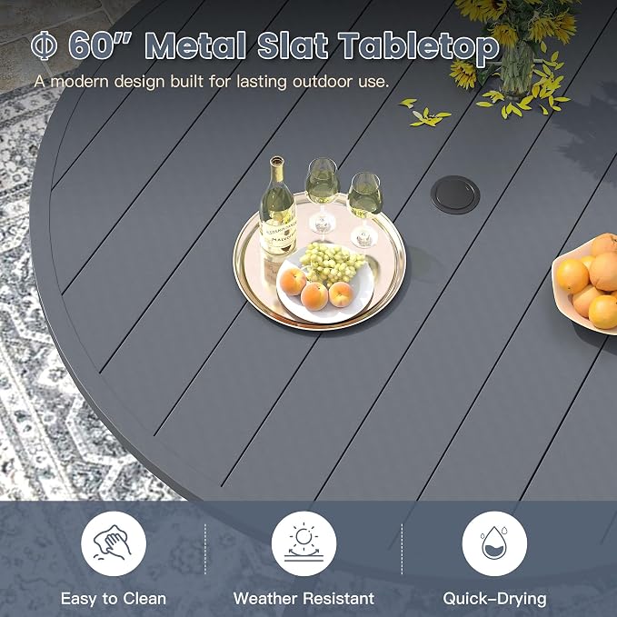 VICLLAX 60" Outdoor Round Patio Dining Table for 8-10, All Weather Metal Dining Table with Umbrella Hole for Deck Lawn Garden Backyard, Dark Grey