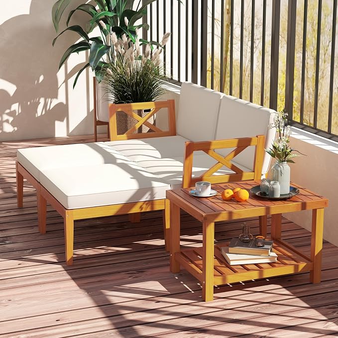 HAPPYGRILL 5 Pieces Acacia Wood Patio Chaise Lounge Chair Set with Ottoman, Outdoor Patio Furniture Set with Cushions and 2-Tier Coffee Table, Outdoor Sectional Conversation Sofa Set for Garden